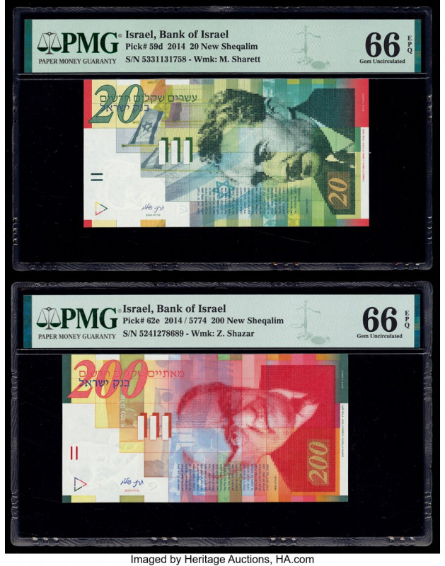 Israel Bank of Israel 20; 200 New Sheqalim 2014 Pick 59d; 62e Two Examples PMG G...