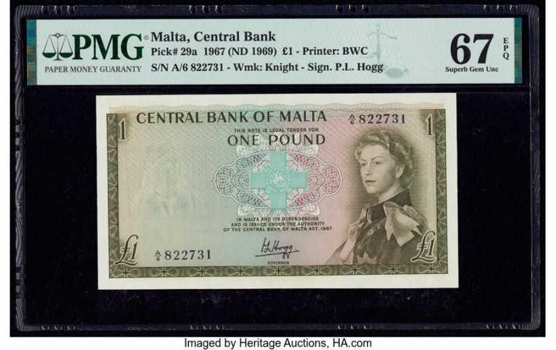 Malta Central Bank of Malta 1 Pound 1967 (ND 1969) Pick 29a PMG Superb Gem Unc 6...
