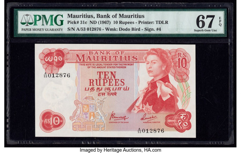 Mauritius Bank of Mauritius 10 Rupees ND (1967) Pick 31c PMG Superb Gem Unc 67 E...