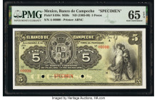 Mexico Banco De Campeche 5 Pesos ND (1903-09) Pick S108s M59s Specimen PMG Gem Uncirculated 65 EPQ. Red Specimen overprints and two POCs are present o...