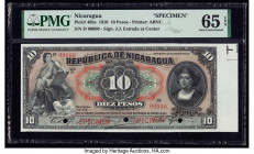 Nicaragua Billete del Tesoro Nacional 10 Pesos 1.1.1910 Pick 46bs Specimen PMG Gem Uncirculated 65 EPQ. Red Specimen overprints and three POCs are pre...