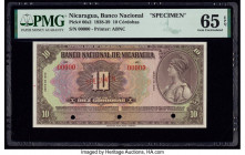 Nicaragua Banco Nacional 10 Cordobas 1938 Pick 66s2 Specimen PMG Gem Uncirculated 65 EPQ. Red Specimen overprints and three POCs are present on this e...