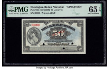 Nicaragua Banco Nacional 50 Centavos ND (1938) Pick 89s Specimen PMG Gem Uncirculated 65 EPQ. Red Specimen overprint and three POCs are present on thi...