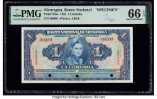 Nicaragua Banco Nacional 1 Cordoba 1951 Pick 91bs Specimen PMG Gem Uncirculated 66 EPQ. Red Specimen overprints and three POCs are present on this exa...