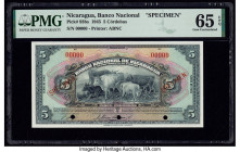 Nicaragua Banco Nacional 5 Cordobas 1945 Pick 93bs Specimen PMG Gem Uncirculated 65 EPQ. Red Specimen overprints and three POCs are present on this ex...