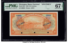 Nicaragua Banco Nacional 20 Cordobas 1942 Pick 95s1 Specimen PMG Superb Gem Unc 67 EPQ. Black Specimen overprints and three POCs are present on this e...
