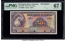 Nicaragua Banco Nacional 50 Cordobas 1942 Pick 96s1 Specimen PMG Superb Gem Unc 67 EPQ. Red Specimen overprint and three POCs are present on this exam...