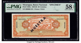 Nicaragua Banco Nacional 20 Cordobas 1960 Pick 102bs Specimen PMG Choice About Unc 58 EPQ. Black Muestra Sin Valor overprints are present on this exam...