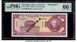 Nicaragua Banco Nacional 100 Cordobas 1959 Pick 104bs Specimen PMG Gem Uncirculated 66 EPQ. A black Muestra Sin Valor overprint is present on this exa...