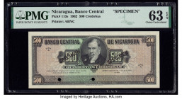 Nicaragua Banco Central 500 Cordobas 26.4.1962 Pick 113s Specimen PMG Choice Uncirculated 63 EPQ. Black Specimen overprints and two POCs are present o...