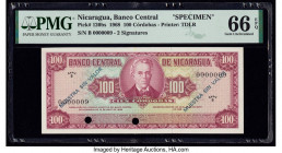 Nicaragua Banco Central 100 Cordobas 1968 Pick 120bs Specimen PMG Gem Uncirculated 66 EPQ. Black Muestra Sin Valor overprints and two POCs are present...