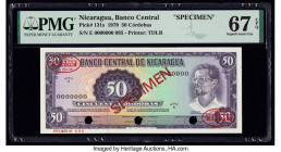 Nicaragua Banco Central 50 Cordobas 1979 Pick 131s Specimen PMG Superb Gem Unc 67 EPQ. Red Specimen & TDLR overprints along with three POCs are visibl...