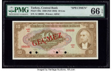 Turkey Central Bank 10 Lira 1930 (ND 1948) Pick 148s Specimen PMG Gem Uncirculated 66 EPQ. Red Gecmez overprints and four POCs are present on this exa...