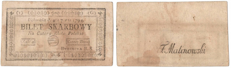 Kosciuszko uprising, 4 zloty 1794 Dobrze zachowany egzemplarz banknotu Insurekcj...