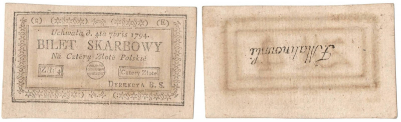 Kosciuszko uprising, 4 zloty 1794 Bardzo dobrze zachowany egzemplarz banknotu In...