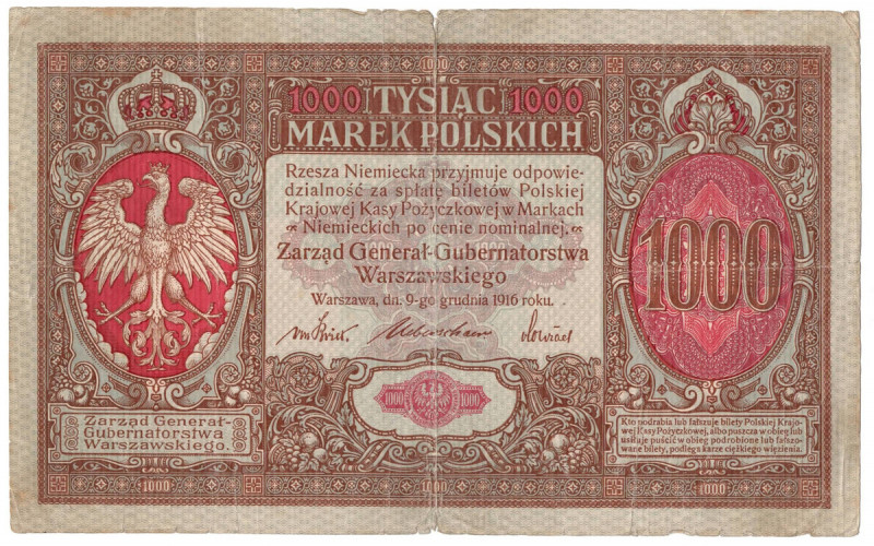 II RP, 1000 marek polskich 1916, Generał Rzadki egzemplarz w poprawnej wizualnie...