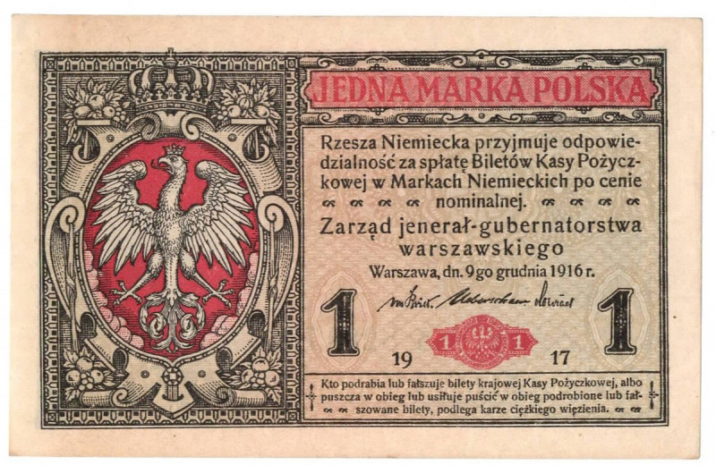 II Republic of Poland, 1 mark 1916 Jenerał Ser. A Egzemplarz w emisyjnym stanie ...