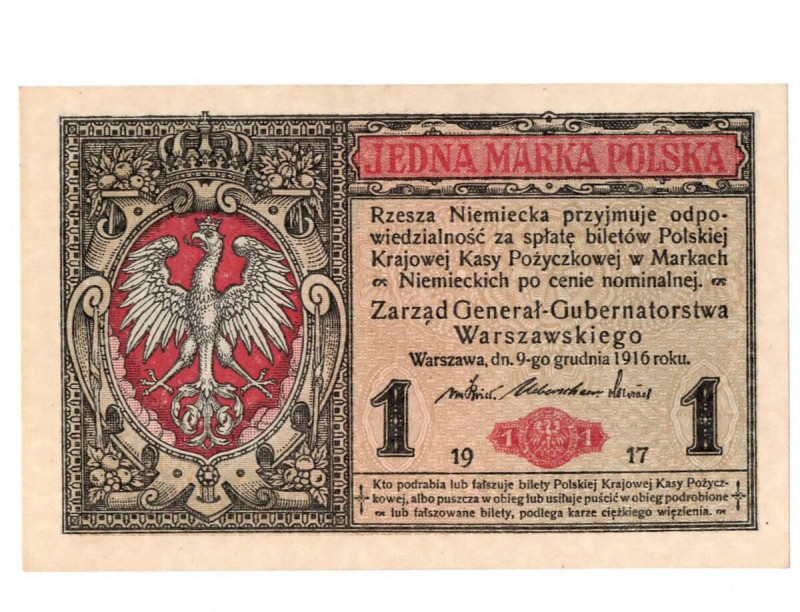 II Republic of Poland, 1 mark 1916 B Generał Egzemplarz w emisyjnym stanie zacho...