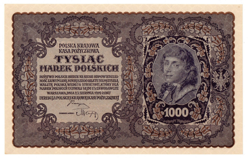 II Rzeczpospolita, 1000 marek polskich 1919 III SERJA G Egzemplarz w emisyjnym s...