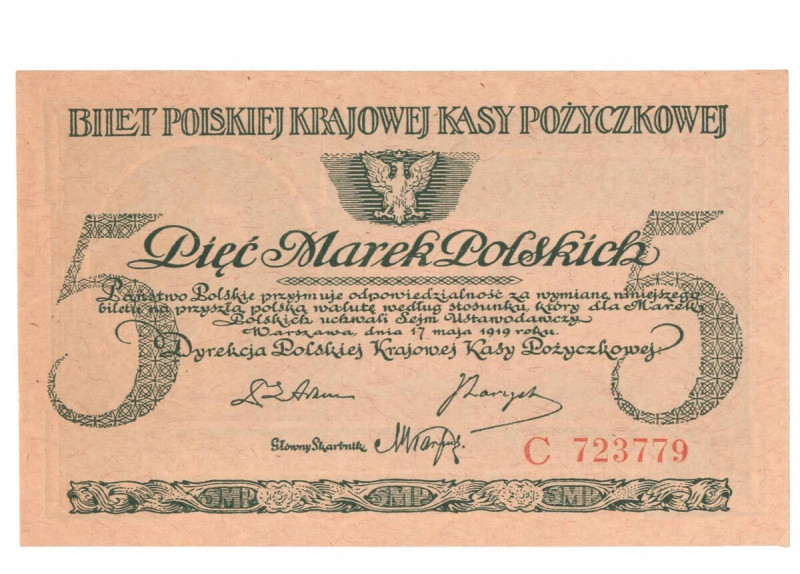 II RP, 5 marek polskich 1919 C Egzemplarz w okołoemisyjnym stanie zachowania, mi...