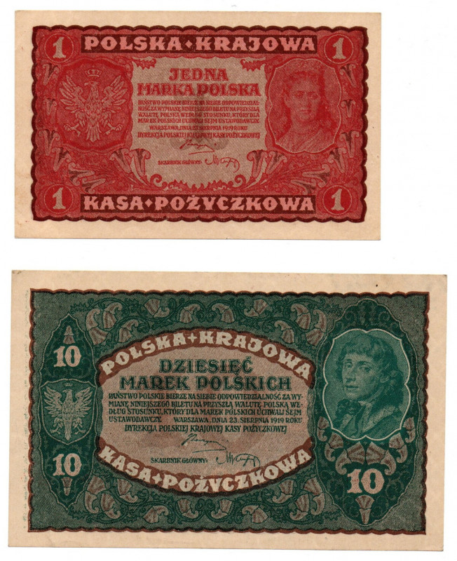 II RP, zestaw 1 i 10 marek polskich 1919 Zestaw dwóch okołoemisyjnych egzemplarz...