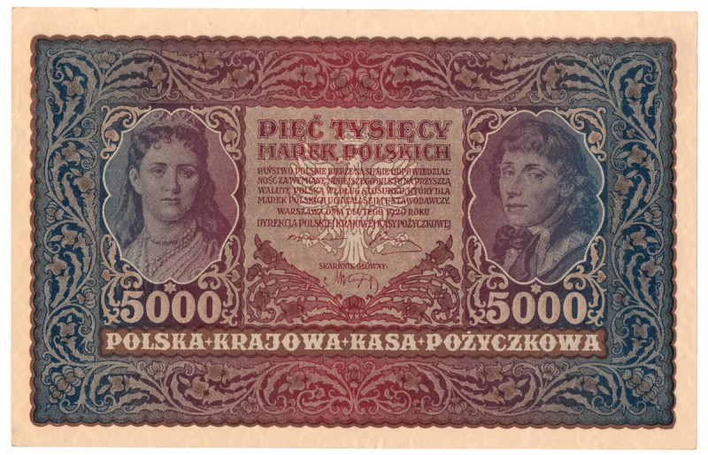 II RP, 5000 marek polskich 1920 II Serja J Egzemplarz w bardzo dobrej okołoemisy...