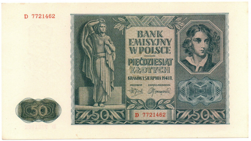 GG, 50 złotych 1941 D Banknot w emisyjnym stanie zachowania, minus za niedoskona...