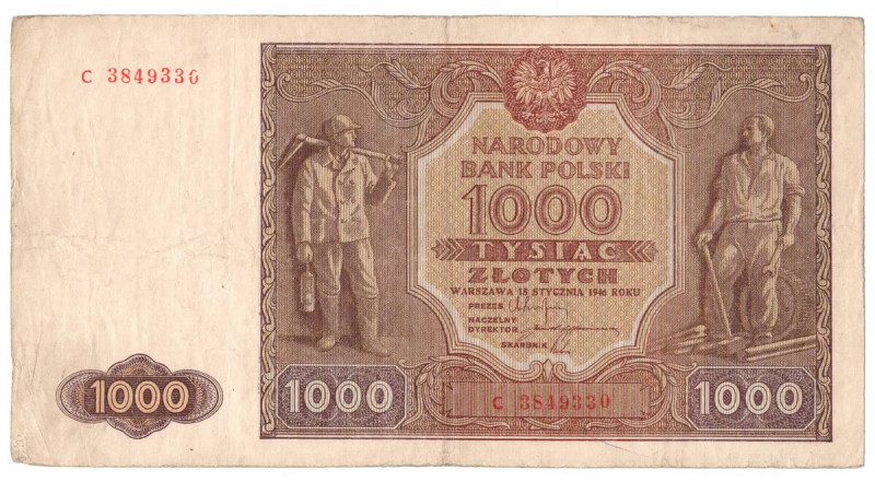 PRL, 1000 złotych 1946 C Egzemplarz o przyjemnej prezencji, niestety z widocznym...