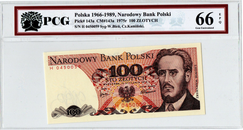PRL, 100 złotych 1975 H - PCG 66EPQ Wyśmienicie zachowany banknot o idealnej żyw...