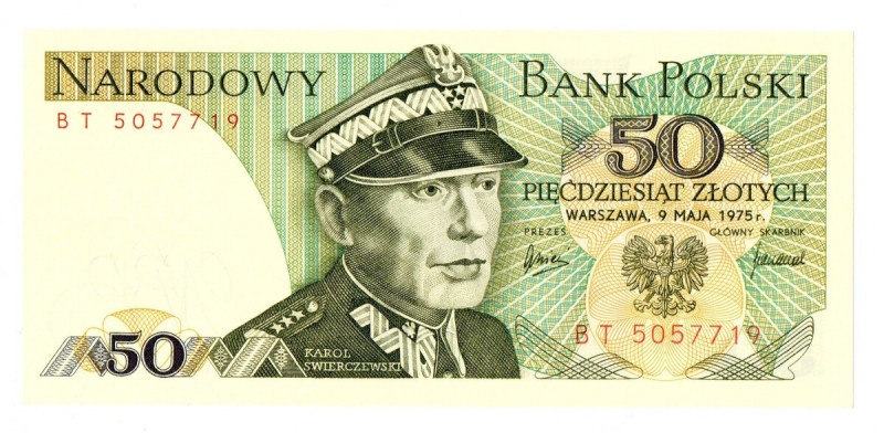 PRL, 50 złotych 1975 BT Egzemplarz w emisyjnym stanie zachowania. 
Grade: UNC