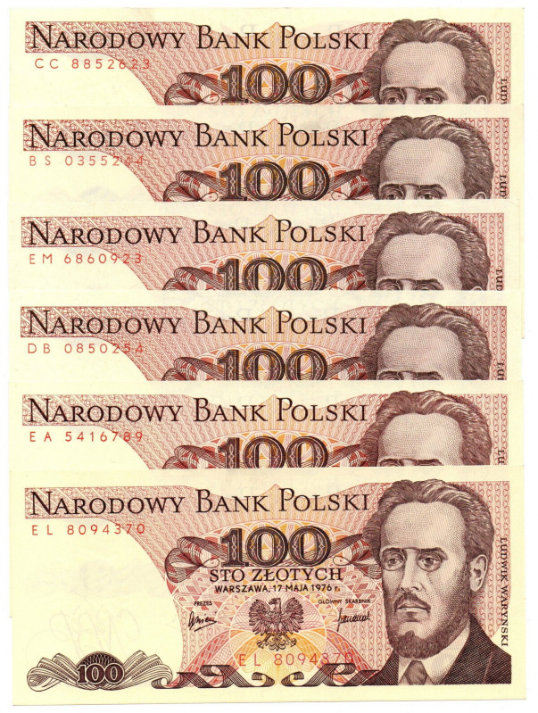 PRL, zestaw 100 złotych 1976 różne serie - 6 egzemplarzy Kolekcja 6 banknotów o ...
