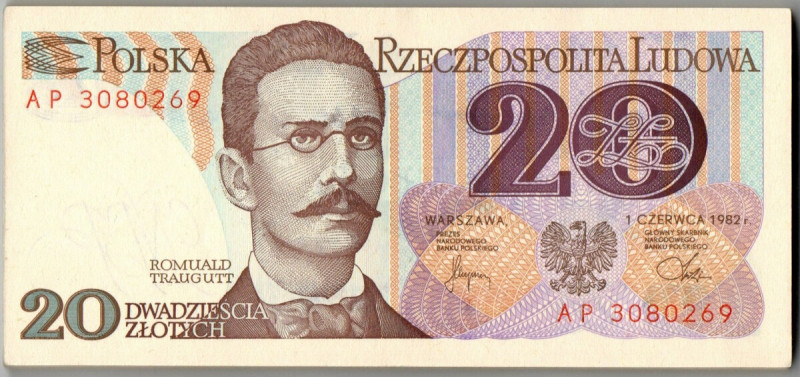 PRL, 20 złotych 1982 AP, część dwóch paczek bankowych - 53 egzemplarze Część dwó...