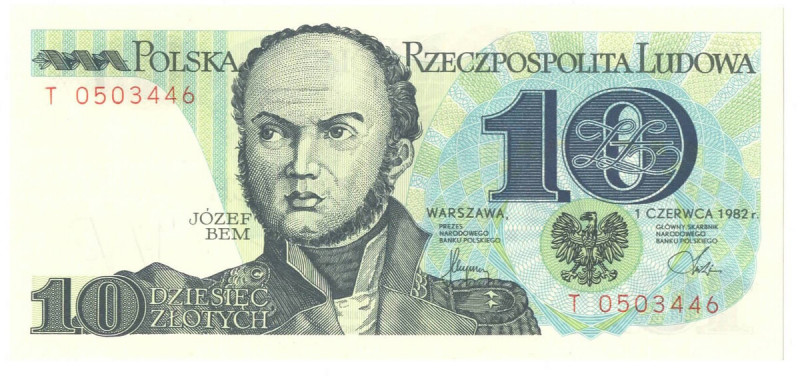 PRL, 10 złotych 1982 T Banknot w emisyjnym stanie zachowania. 
Grade: UNC