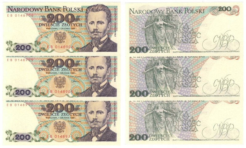 PRL, 200 złotych 1988 - zestaw 3 egzemplarze EB Emisyjne egzemplarze. Minus za u...