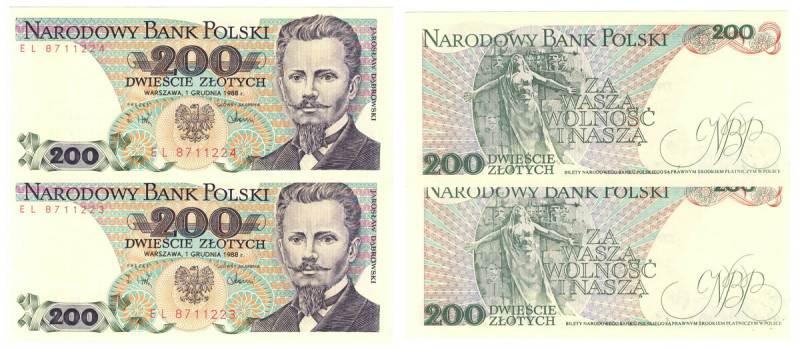 PRL, 200 złotych 1988 - zestaw 2 egzemplarze EL Okołoemisyjne egzemplarze. Ugięc...