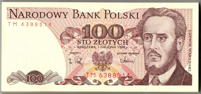 PRL, 100 złotych 1988 TM - część paczki bankowej - 84 egzemplarze Większość jedn...