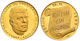 Deutsche Medaillen. 
Personenmedaillen. 
Kennedy, John F. (1917-1963). Goldmedaille 1963 im Dukatengewicht (3,49 g 986 f.) auf seinen Berlin-Besuch ...