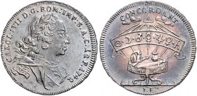 Deutsche Medaillen. 
Bayern. 
Karl Albert als Kaiser Karl VII. (1742-1745). Silberjeton 1742, sign. I. E., auf seine Kaiserkrönung in Frankfurt am M...