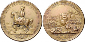 Deutsche Medaillen. 
Brandenburg-Preußen. 
Friedrich II. 1740-1786. Bronzegussmed. 1757, unsign., auf die Siege bei Roßbach und Lissa (Leuthen), rei...