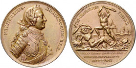 Deutsche Medaillen. 
Brandenburg-Preußen. 
Friedrich II. 1740-1786. Bronzegussmed. 1757, von Georgi, auf die Siege des Jahres 1757, geharn. Hüftbild...