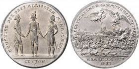 Deutsche Medaillen. 
Brandenburg-Preußen. 
Friedrich Wilhelm III. 1797-1840. Versilb. Messing-Jeton 1813, v. Stettner bei Lauer, auf die Schlacht be...
