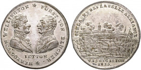 Deutsche Medaillen. 
Brandenburg-Preußen. 
Friedrich Wilhelm III. 1797-1840. Versilb. Messing-Jeton 1815, v. Lauer, auf die Schlacht bei La Belle Al...