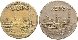 Deutsche Medaillen. 
Brandenburg-Preußen. 
Friedrich Wilhelm III. 1797-1840. Zwei verschied. Messing-Jetons o.J. von Huber, beide mit Motiv Lokomoti...