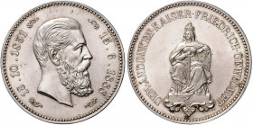 Deutsche Medaillen. 
Brandenburg-Preußen. 
Wilhelm II. 1888-1918. Silbermed. (Dickabschlag) 1888, unsign., auf den Tod Kaiser Friedrichs III., Kopf ...