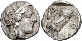 Münzen der griechischen Welt. 
Attika/Athen. 
Tetradrachme, 449-413 vdZ, 16,04 g, beh. Athenakopf re./Eule v. v., Kopf n. re., in Quadratum incusum....