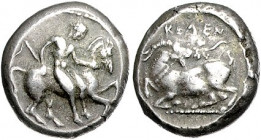 Münzen der griechischen Welt. 
Kilikia/Kelenderis. 
Stater, ca. 410-375 vdZ, 10,95 g, Ephebe mit Peitsche, vom Pferd nach rechts absteigend/KELEN, Z...