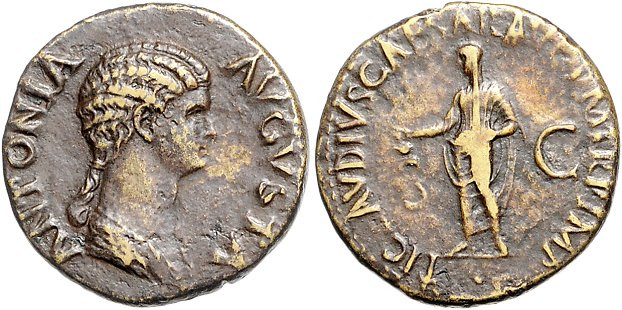 Römische Münzen. 
Kaiserzeit. 
Antonia Minor (Gattin des Drusus). Dupondius un...