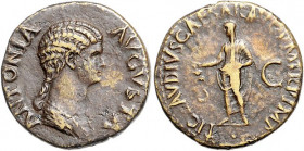 Römische Münzen. 
Kaiserzeit. 
Antonia Minor (Gattin des Drusus). Dupondius unter Claudius, 12,16 g, Rom (ca. Jahr 41-42), drap. Bü. re./Claudius in...