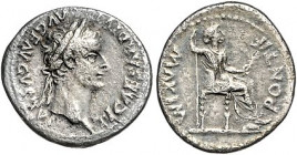 Römische Münzen. 
Kaiserzeit. 
Tiberius 14-37. Denar ("Tribute Penny", Silberling der Bibel), Lugdunum, 3,39 g, belorb. Bü. re./PONTIF MAXIM, weibli...