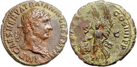 Römische Münzen. 
Kaiserzeit. 
Trajan 98-117. As, Rom i. J. 101/102, 8,51 g, belorb. Bü. re./Victoria mit Schild n. li. gehend. Kamp.&nbsp;27.135.3,...